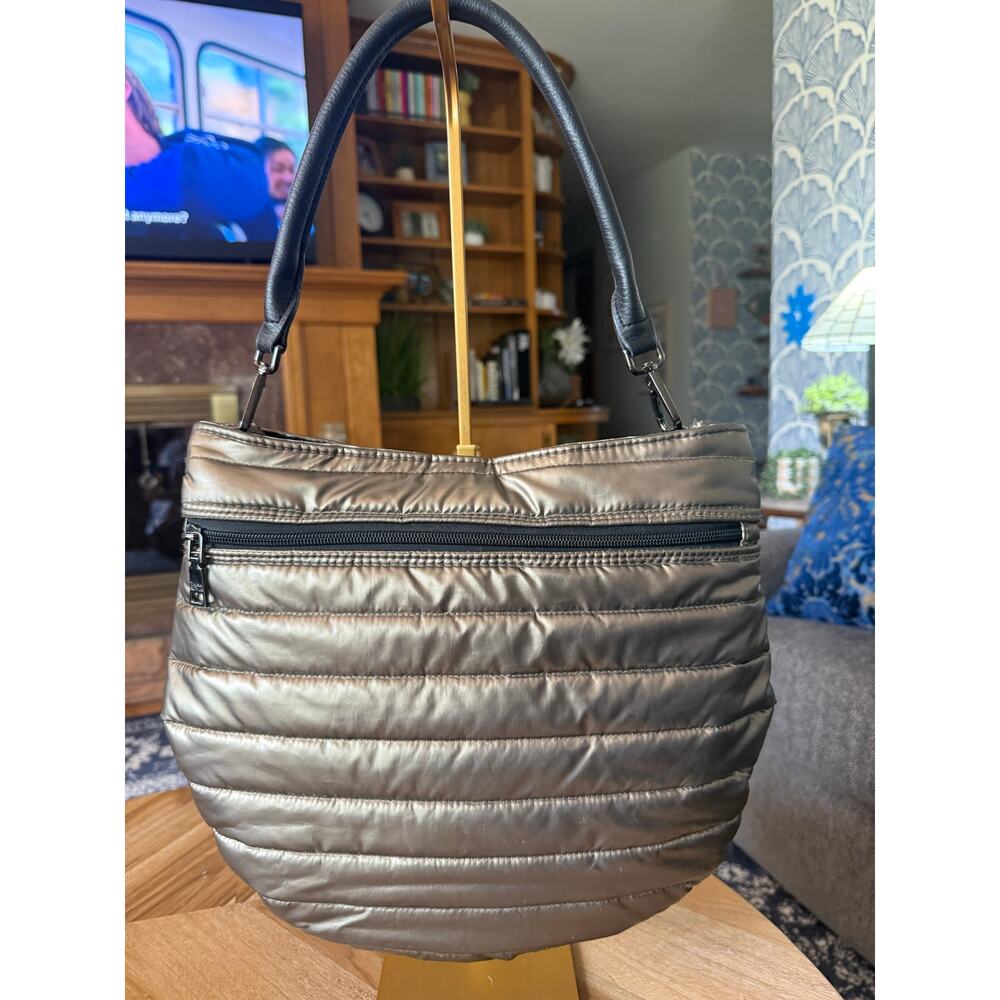 THINK ROYLN "U" Messenger Monterey Pearl Cognac Quilted Puffy Shoulder Bag